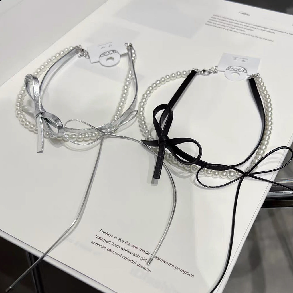 Wholesale  Double-layer Pearl Leather Butterfly Collar Necklace