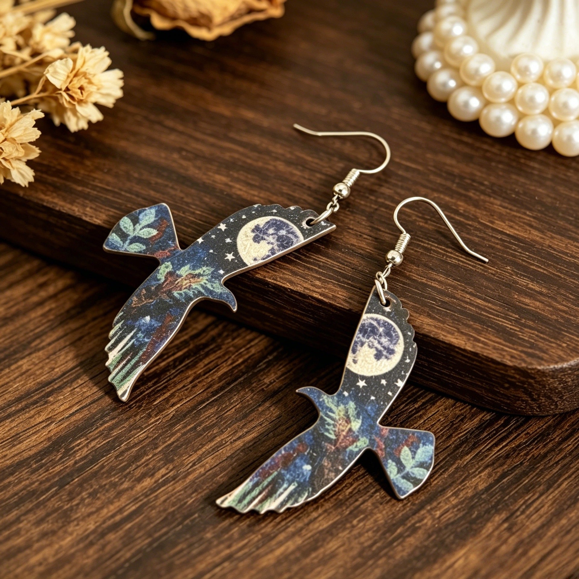 Wholesale Wooden Starry Sky Moon Bird Earrings Fashion Accessory Decorative Gift