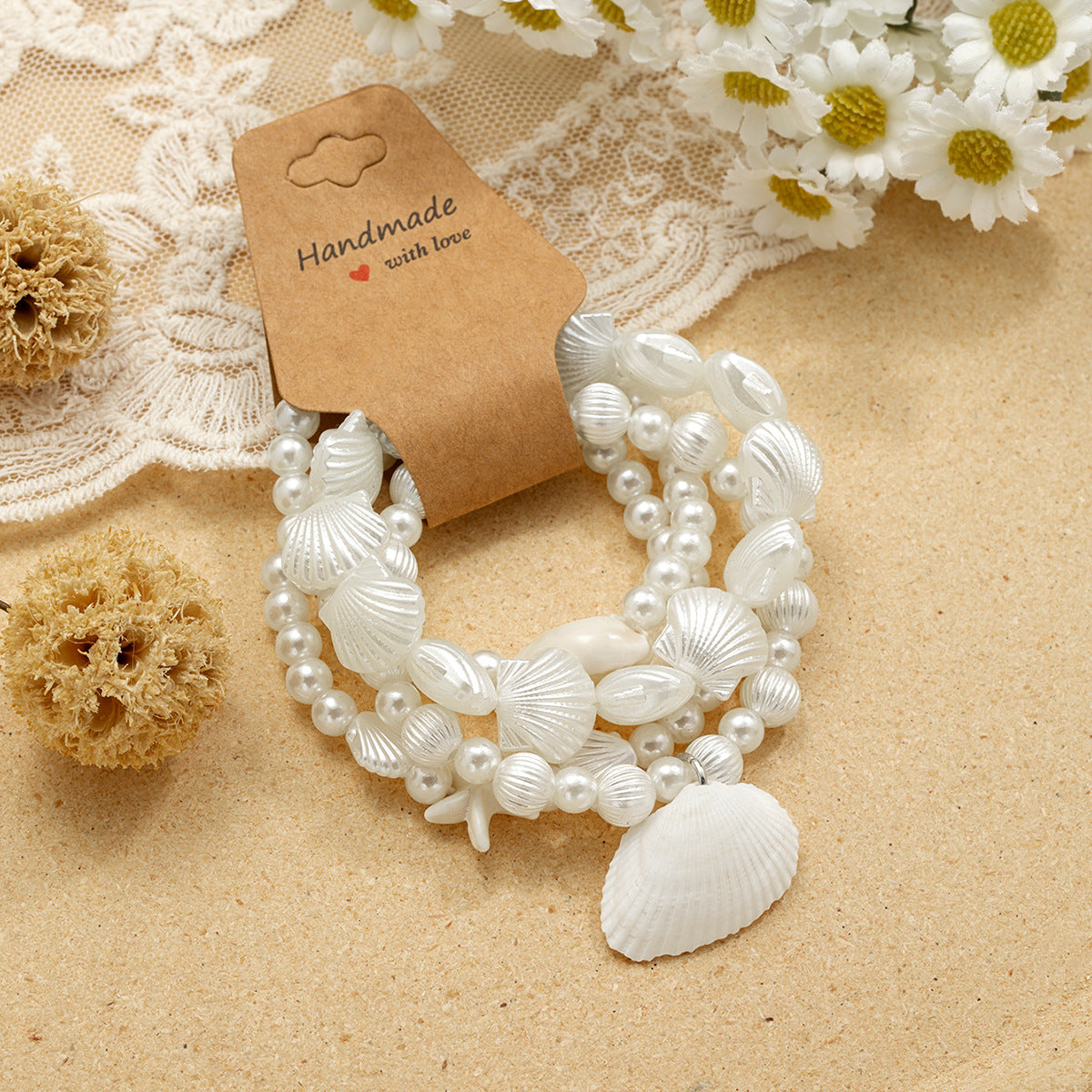 Wholesale Bohemian  Shell  Pearl Turquoise Starfish Beaded Elastic  Bracelet