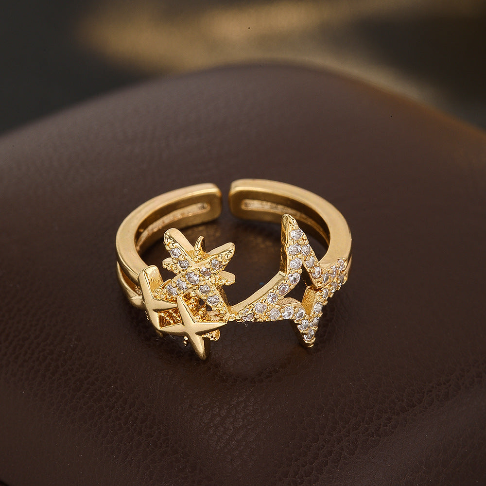 Wholesale Chic Star Moissanite Ring Gold Tone Copper Jewelry Accessory Gift Everyday Wear