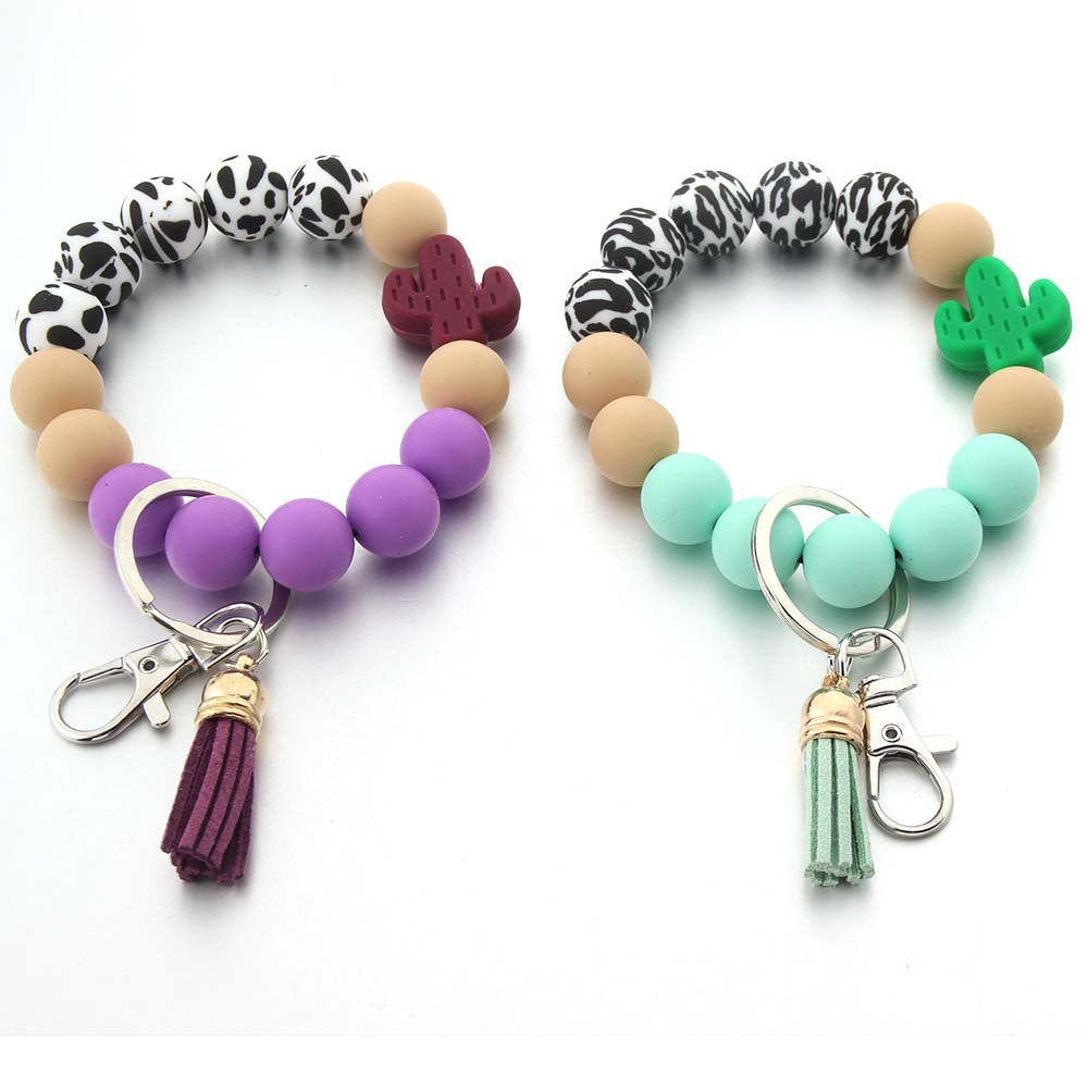 Wholesale Cactus Leopard Print Silicone Beaded Wristlet Keychain ACC-KC-JinAn012
