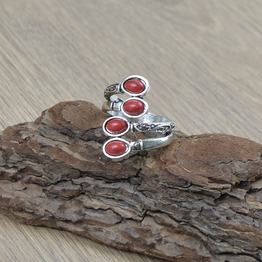 Wholesale Trendy Antique Silver Geometric Ring With Red Turquoise Distressed Ethnic Open Adjustable Band Unisex Fashion Accessory For Resale