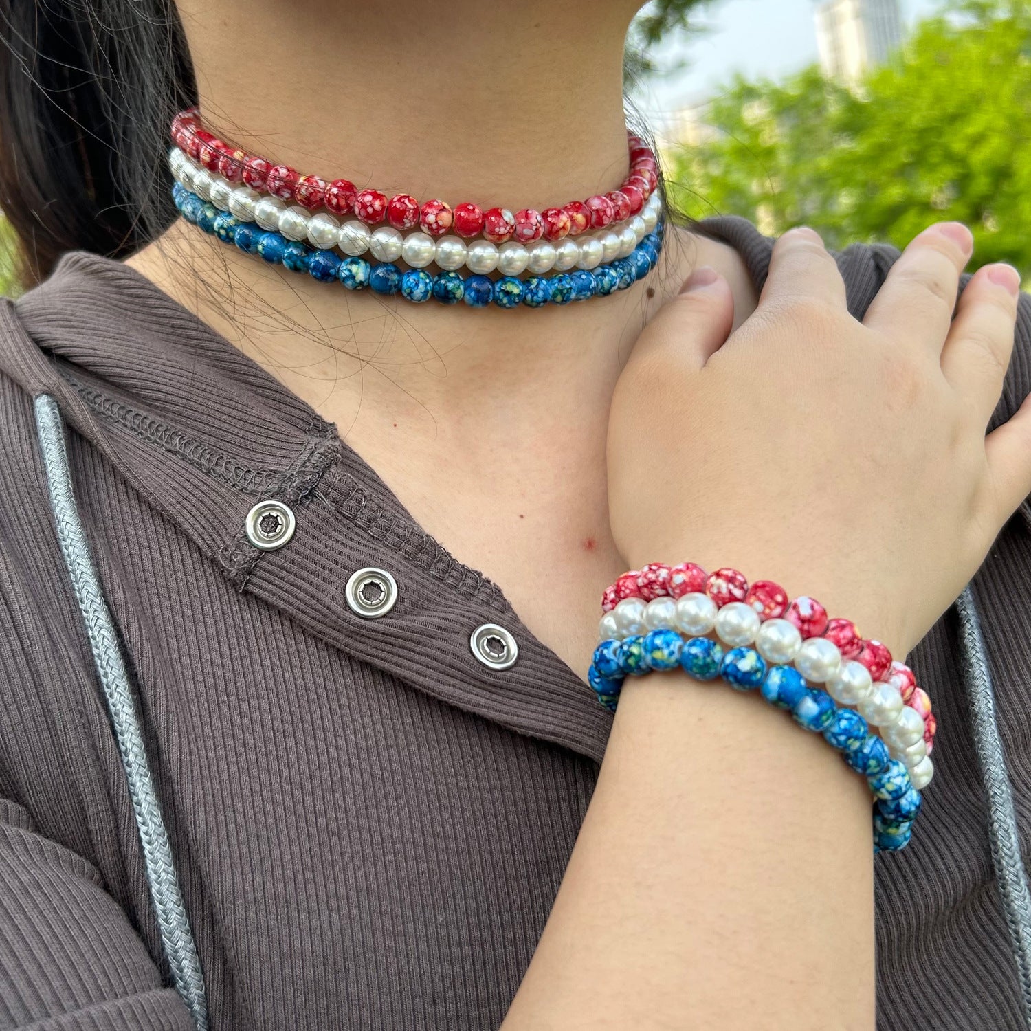 Wholesale Creative Flag Color Pearl Necklace American Independence Day