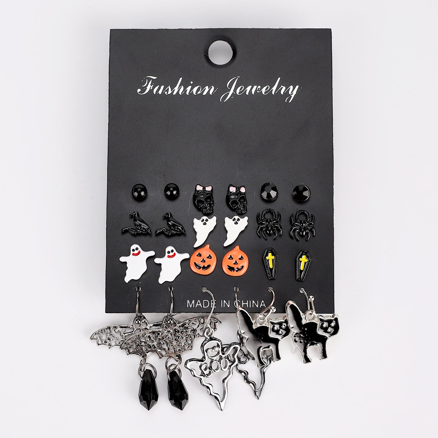 Wholesale Alloy  Earrings 12-Pair Card Pack Crow Witch Pumpkin Skull Design Fashion Accessory