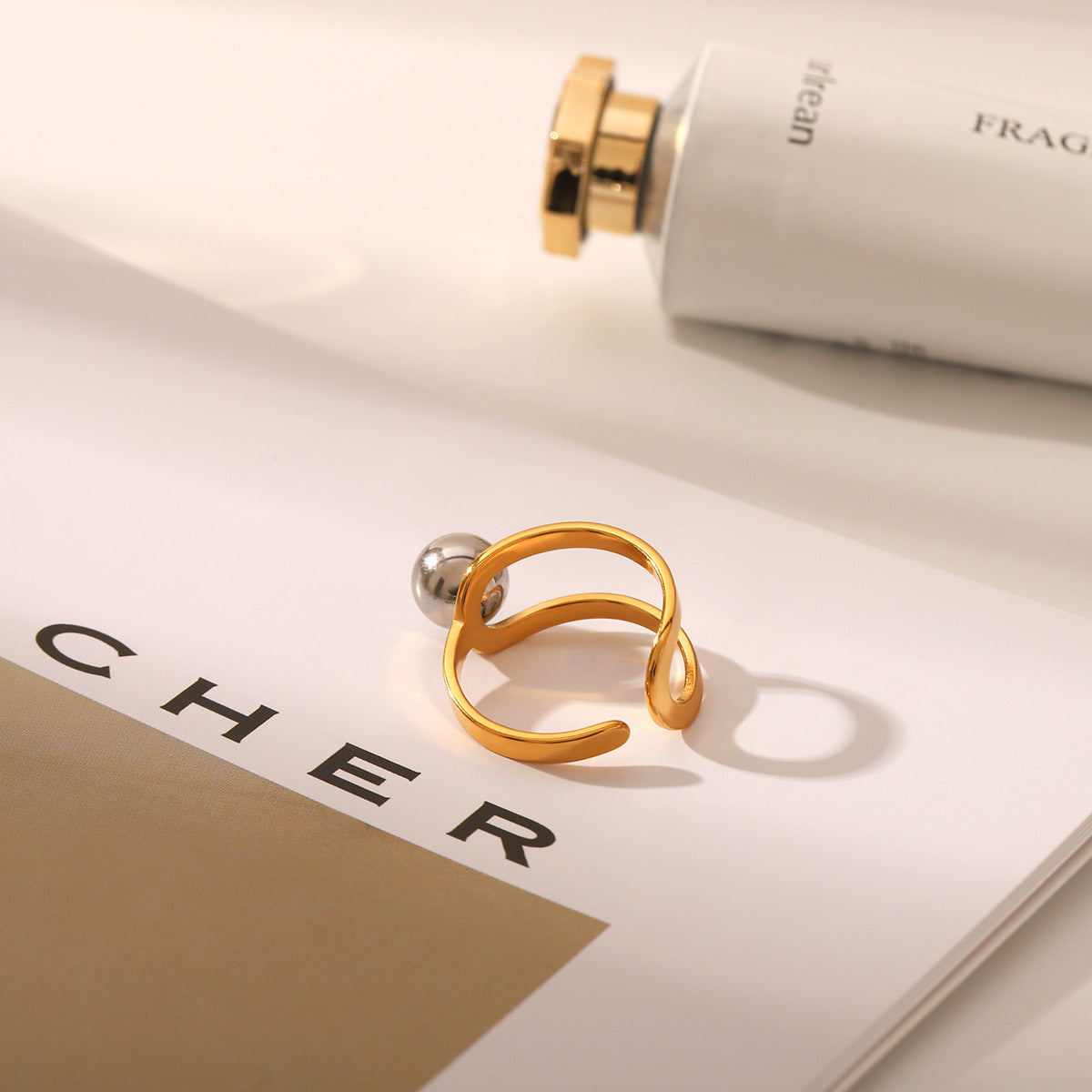 Wholesale Geometric high-grade stainless steel gold and silver two-tone ring