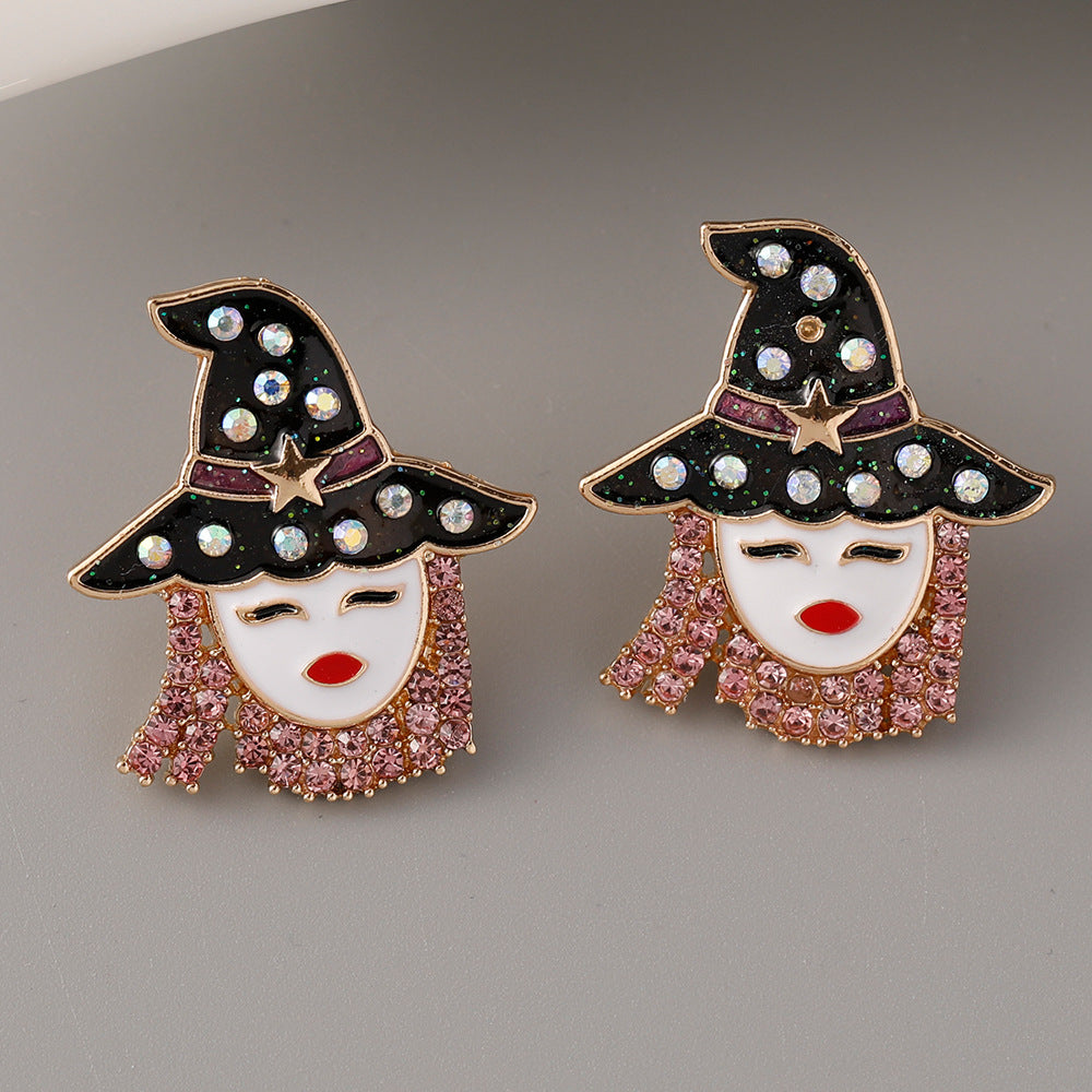 Wholesale Halloween Hat Witch Alloy Oil Drop Diamond Earrings ACC-ES-Jicai001