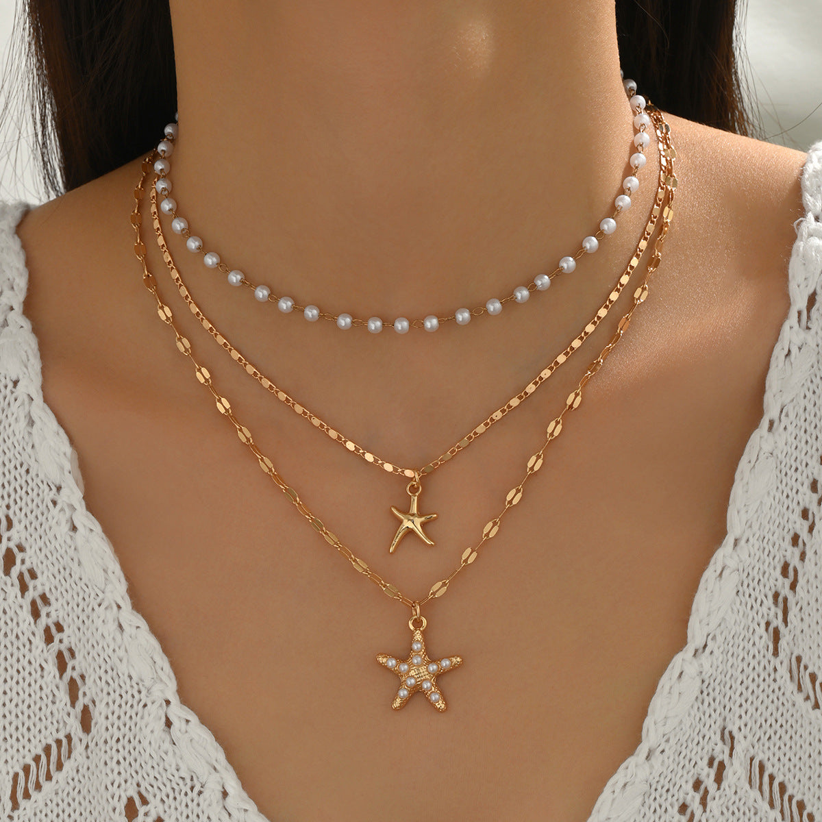 Wholesale starfish pendant multi-layer necklace