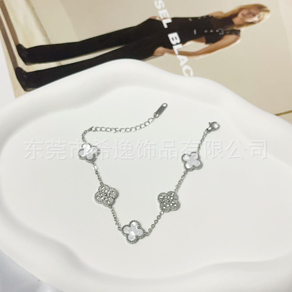 Wholesale Trendy Four-Leaf Clover Rhinestone Bracelet Titanium Steel Jewelry for Office Ladies Everyday Wear Gift