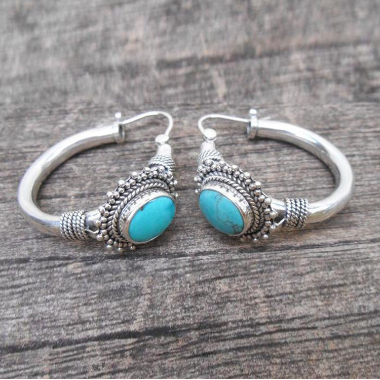 Wholesale retro turquoise earrings ear buckle bohemian style oval earrings