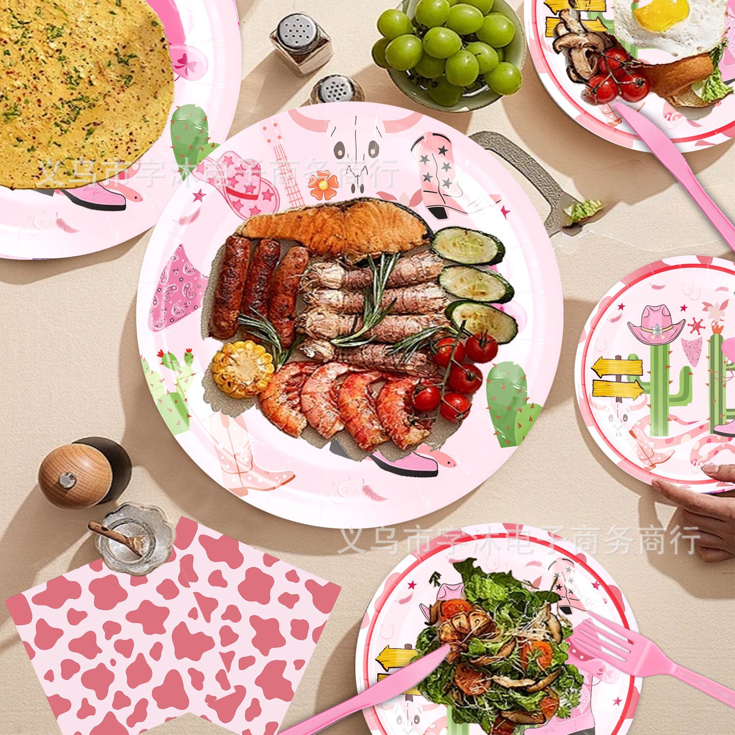 Wholesale Western pink cowboy cap theme party tableware supplies banner pull flag decoration supplies