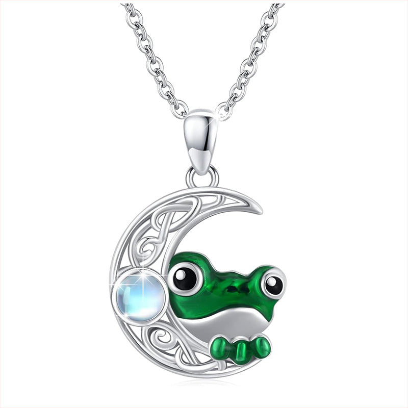 Wholesale Fashion Cute Little Frog Hollow Moon Curved Gem Oil Drop Animal Pendant Necklace