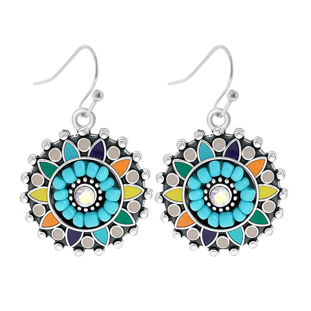 Wholesale Turquoise Geometric Tassel Earrings Antique Silver Retro Fashion Accessory for Everyday Wear or Gift