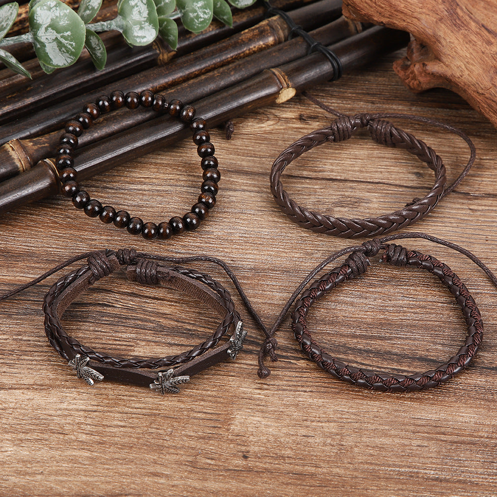 Wholesale Stylish Retro Maple Leaf Leather Bracelet With Woven Wood Beads Adjustable Unisex Hip Hop Jewelry Accessory