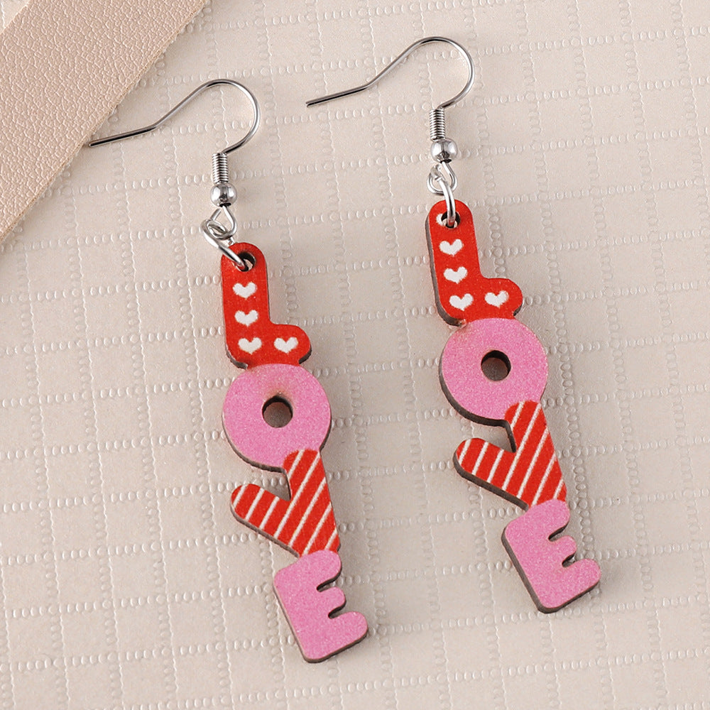 Wholesale Wooden Valentine' s Day Striped LOVE Pendant Earrings