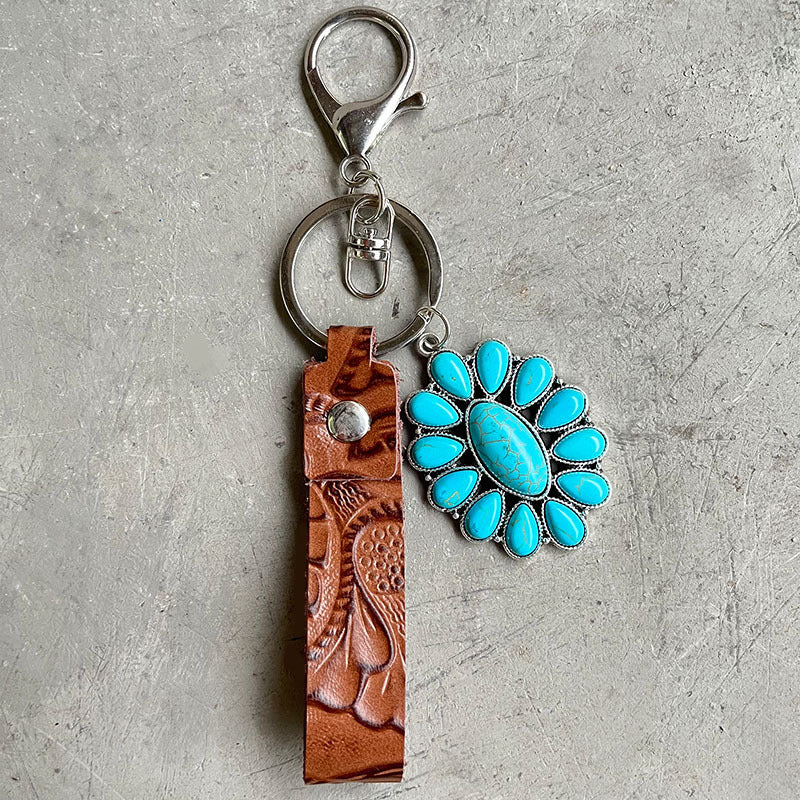 Wholesale Embossed Cowhide Leather Keychain With Turquoise Pumpkin Pendant Western Retro Style Key Ring Fashion Accessory