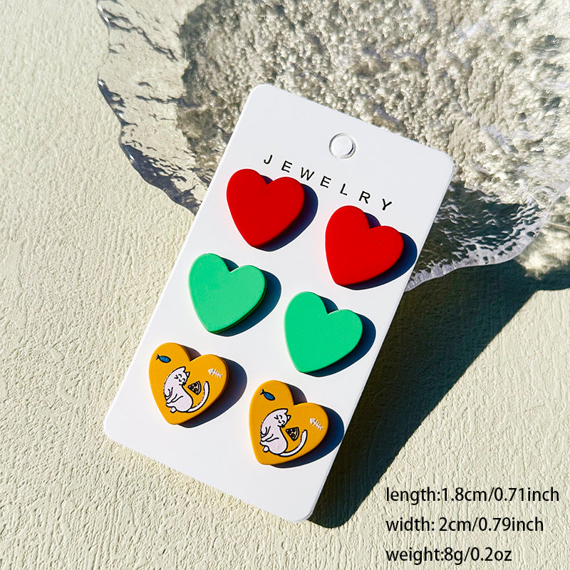 Wholesale  3pcs/set Valentine's Day Denim love paint printing clay texture stud earrings