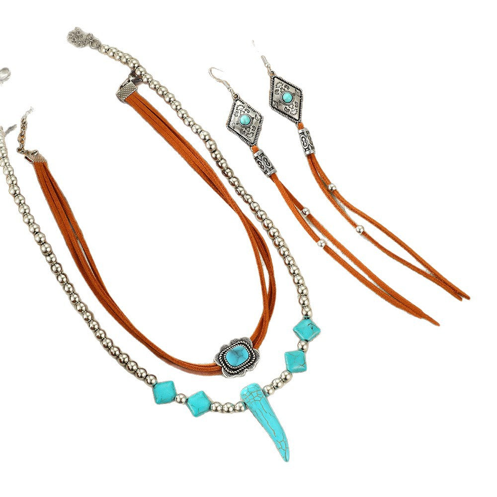 Wholesale Vintage Western Cowboy Cactus Turquoise Earrings and Clavicle Necklace Set