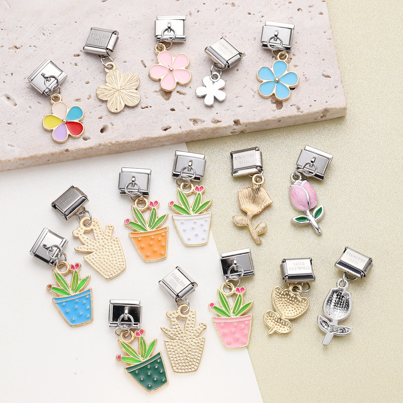 Wholesale 10pcs Italian Charm Bracelet 9mm DIY Splicing Potted Flower Pendant Stainless Steel Composable Bracelet