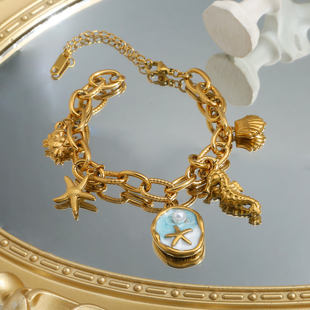 Wholesale Stainless Steel Vintage Ocean Themed Charm Bracelet with Starfish and Pearl - Fashion Accessory