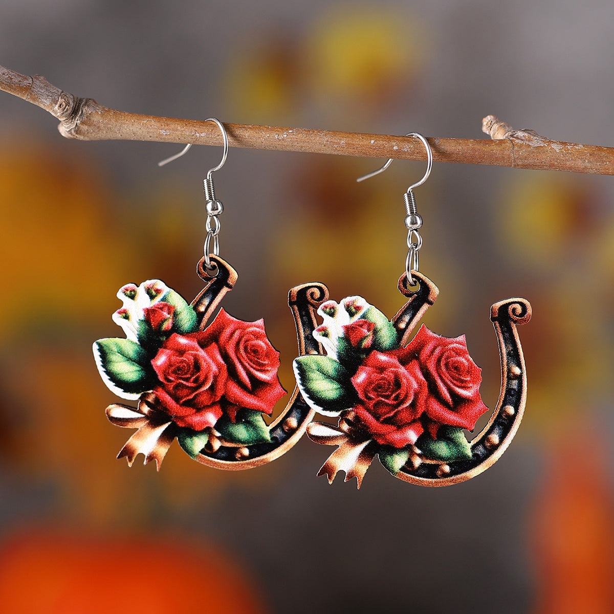 Wholesale Western style rose earrings wooden double-sided earrings