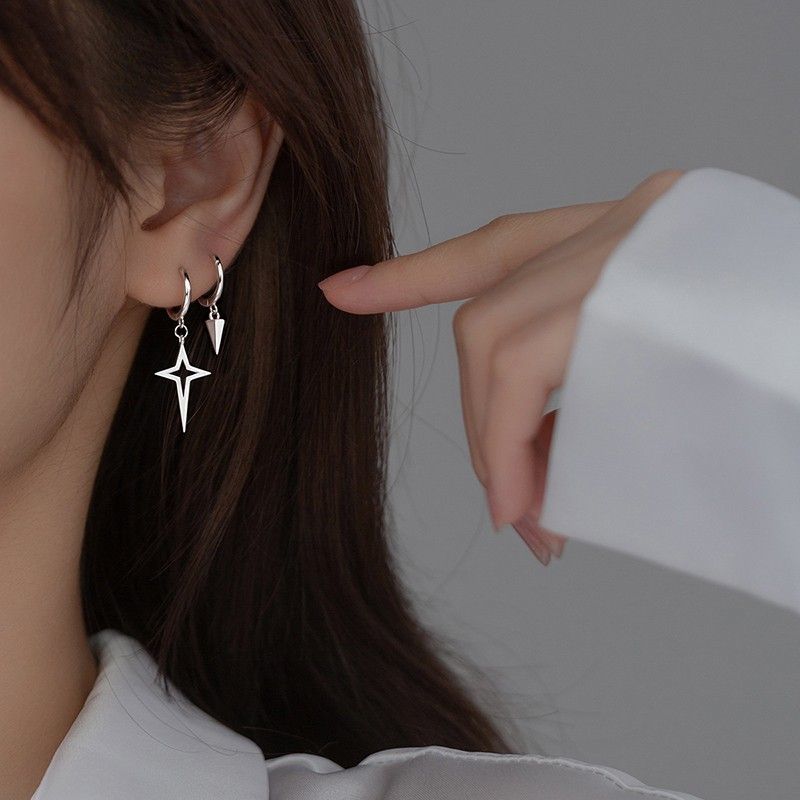 Wholesale asymmetric s925 silver tapered four-pointed star earrings