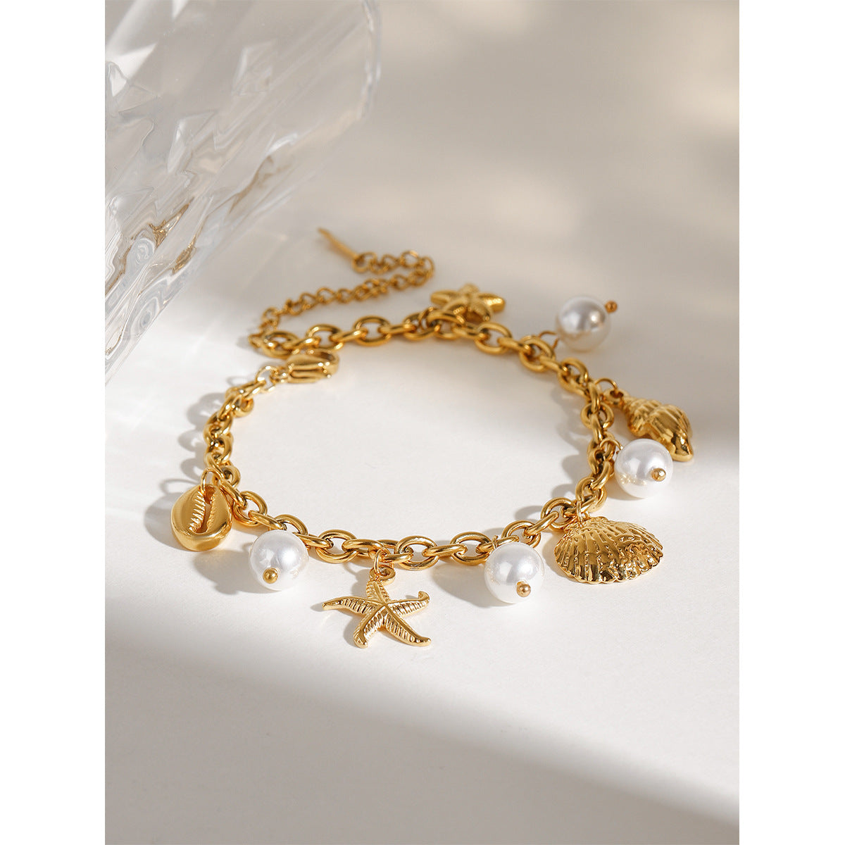 Wholesale  stainless steel 18K gold  pearl starfish bracelet