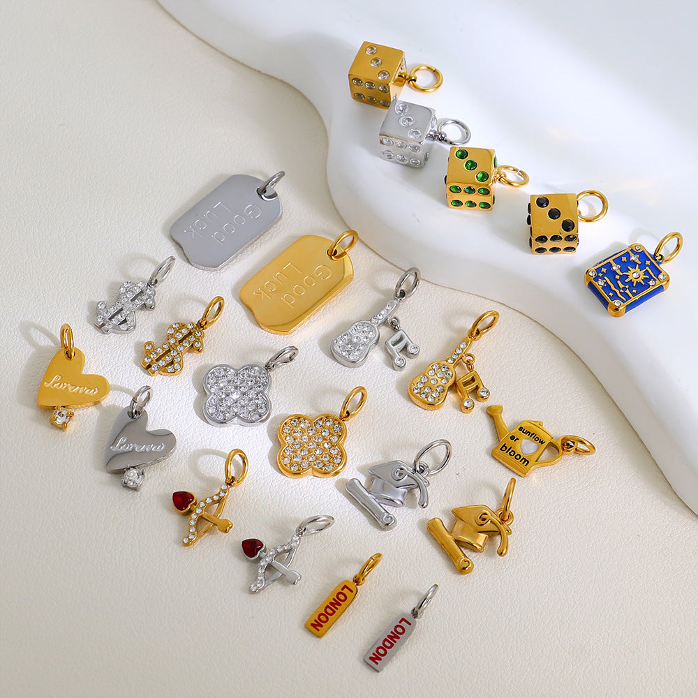 Wholesale Stainless Steel Lucky Dice Four-Leaf Clover Pendant - Gold Electroplated DIY Fashion Accessory