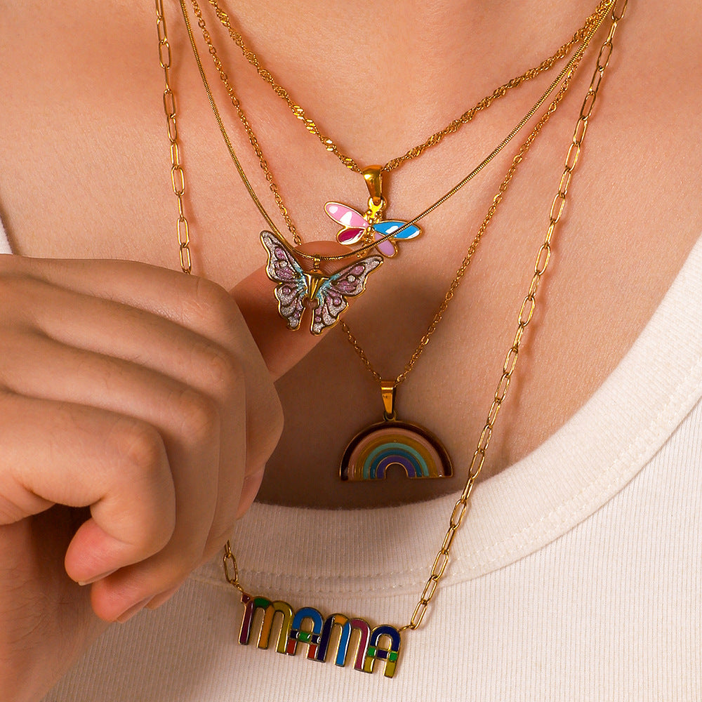 Wholesale Rainbow Butterfly Insect Dragonfly Titanium Steel Oil Drop Necklace