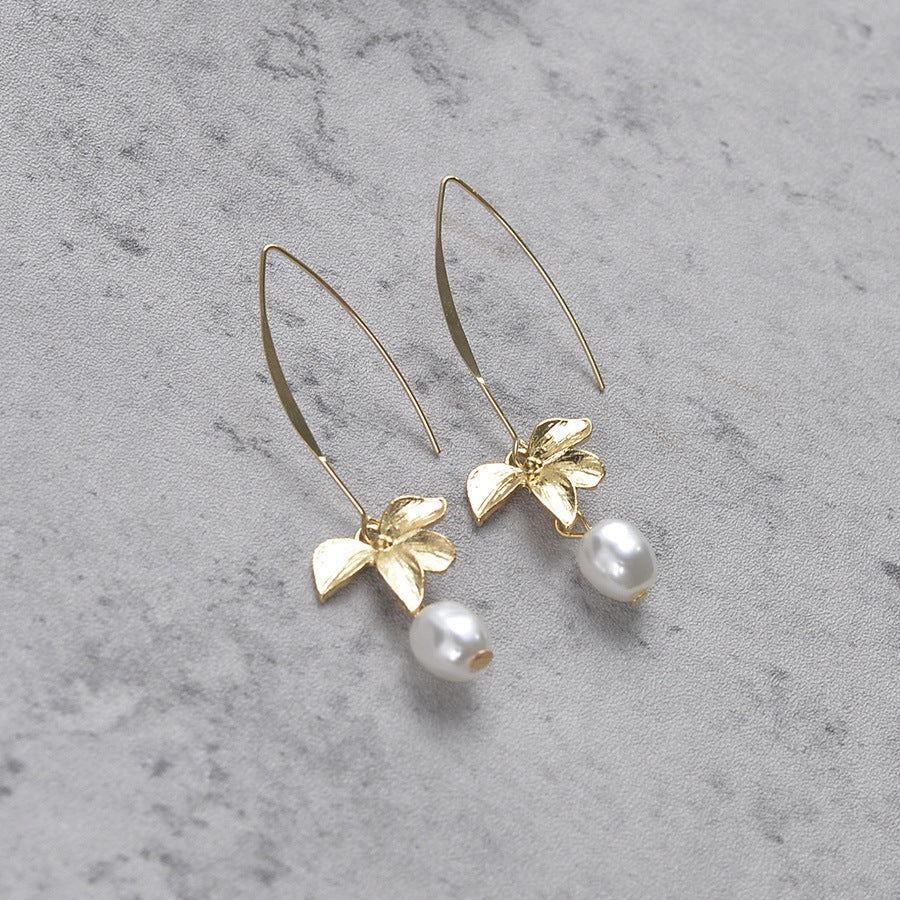 Wholesale Retro Orchid Drop Earrings Sapphire Blue Faux Pearl Zinc Alloy Boutique Jewelry Accessory