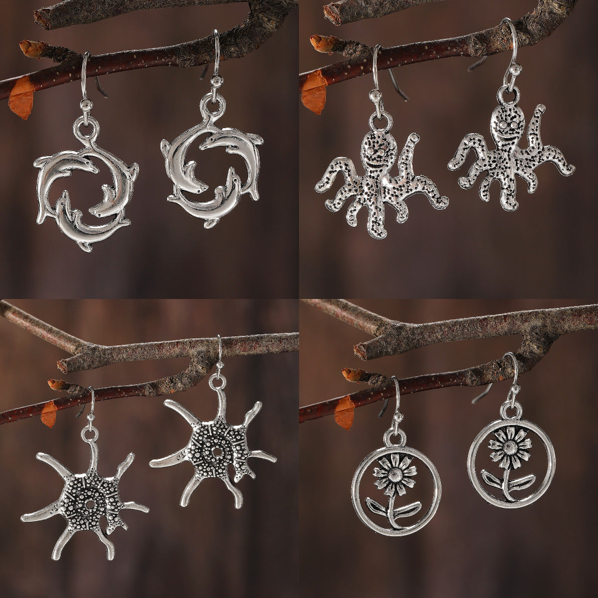 Wholesale Alloy turtle dolphin octopus starfish and flower earrings
