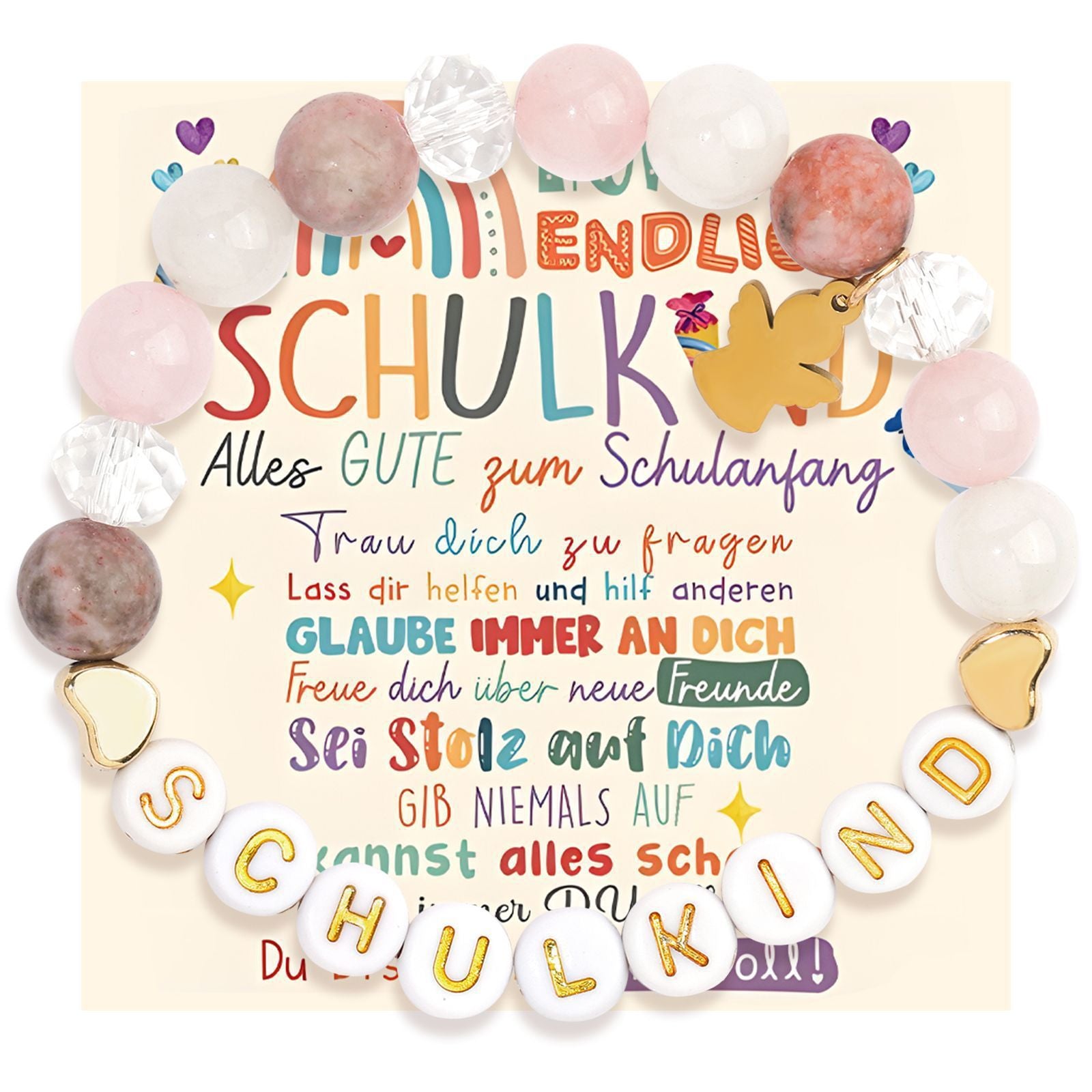 Wholesale School Season Girl Bracelet Red Striped Agate Pink Crystal Alphabet Bead  Unicorn Bracelet