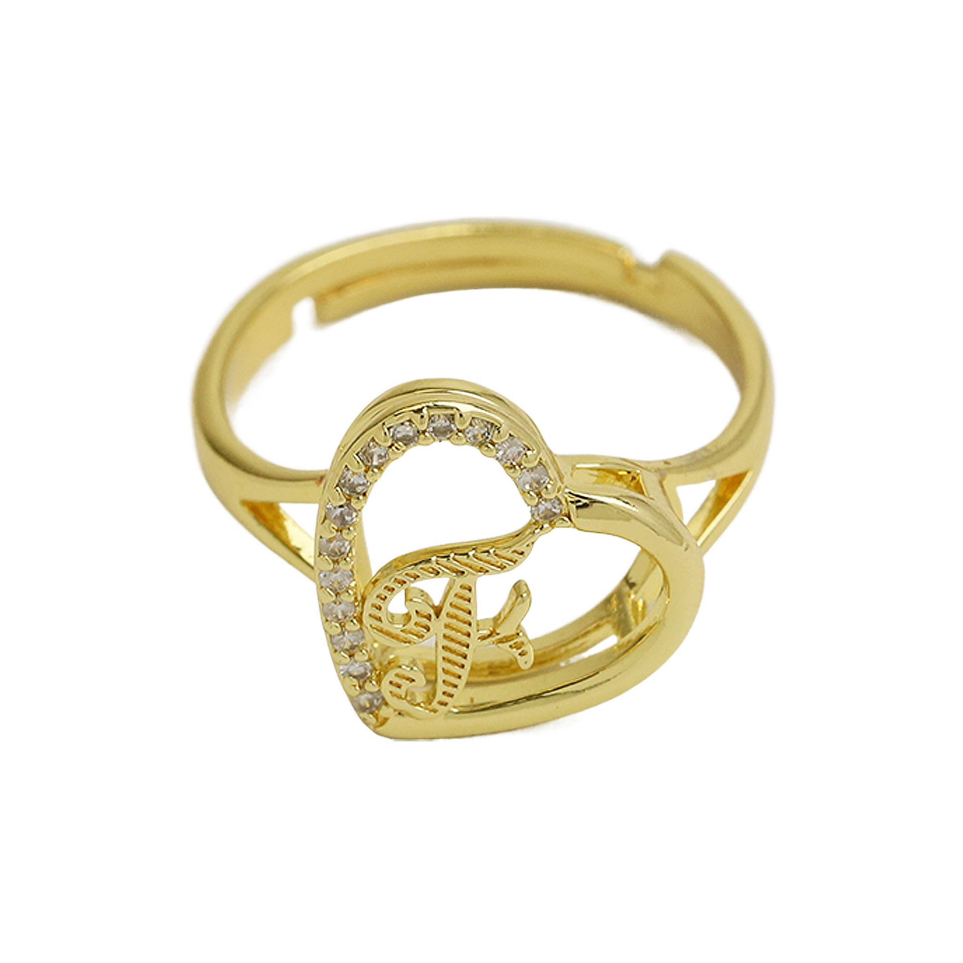 Wholesale  white gold heart-shaped love texture hollow 26 grass English letters open heart ring