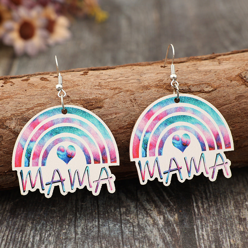 Wholesale Vintage Rainbow Printing Love Mosaic MAMA Wooden Mother's Day Earrings