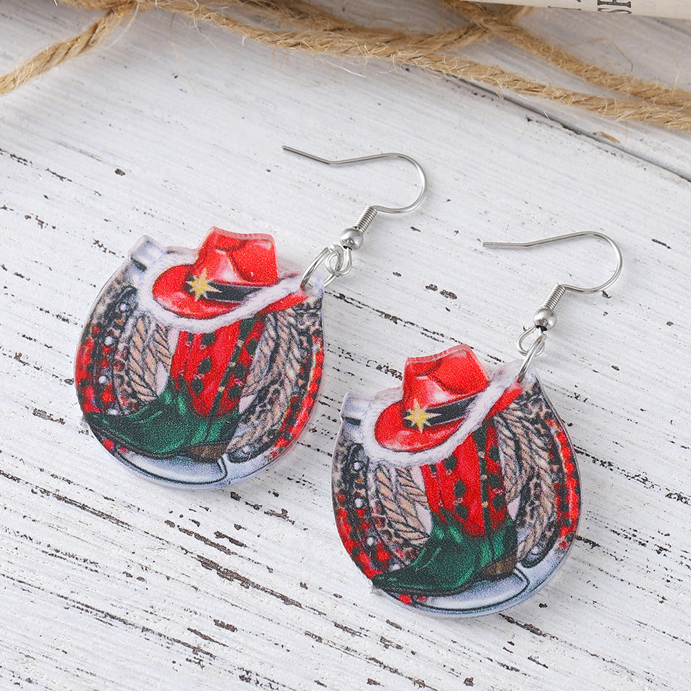 Wholesale Christmas western style western cowboy hat cowboy boots horseshoe acrylic earrings