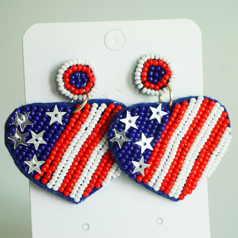 Wholesale 2 Pairs/pack American Independence Day Handmade Rice Beads Beaded Bow Love Heart Rainbow Earrings ACC-ES-HY045