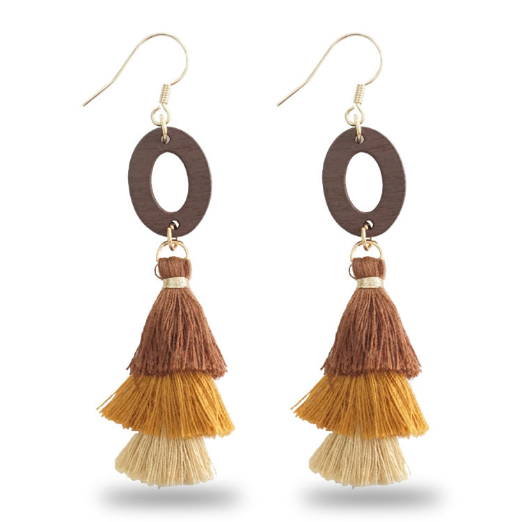 Wholesale 2 pairs/pack Hand Braided Earrings Ethnic Style Wooden Tassel Earrings ACC-ES-Jixuan003