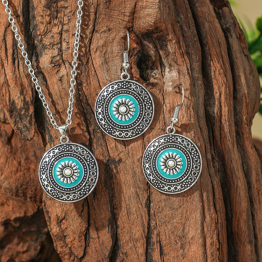 Wholesale Bohemian Vintage Earrings and Necklace Set Turquoise Drop Pendant Jewelry Accessory