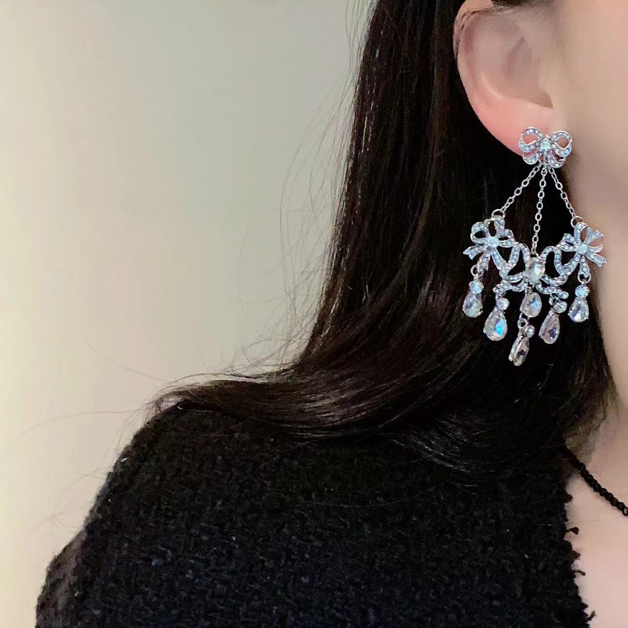 Wholesale Rhinestone Bow Water Drop Tassel Earrings