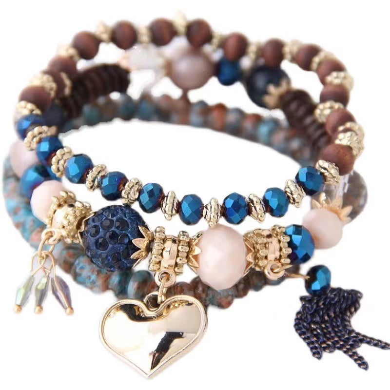 Wholesale Peach Heart Tassel Ball Bead Love Bracelet Retro Multi-piece Set Ethnic Style Hand Jewelry ACC-BT-Weiy028