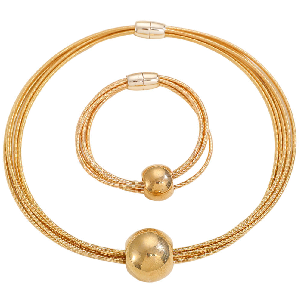 Wholesale Gold Tone Punk Style Multi Layer Chain Necklace And Bracelet Set Geometric Ball Pendant Fashion Jewelry For Gift