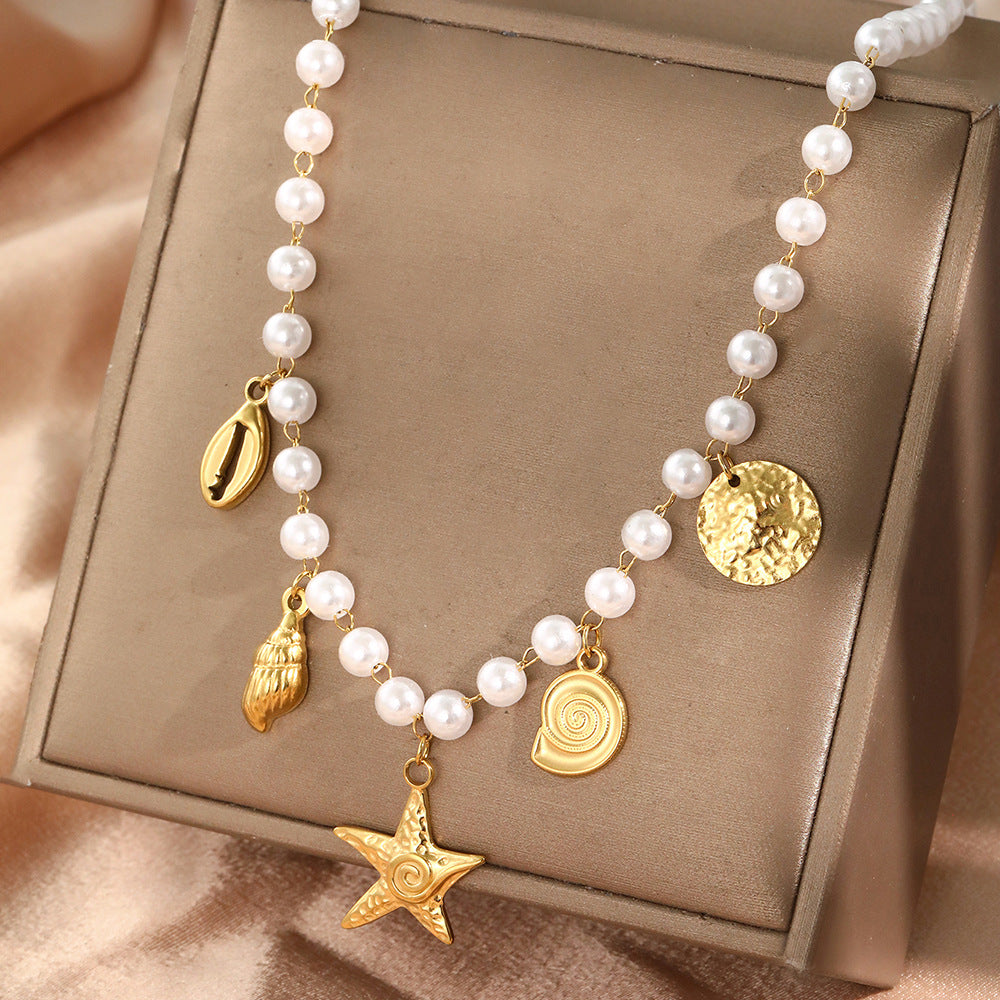 Wholesale Electroplated Stainless Steel Imitation Pearl Starfish Pendant Necklace Ocean Style Women S Fashion Jewelry Accessory For Resale