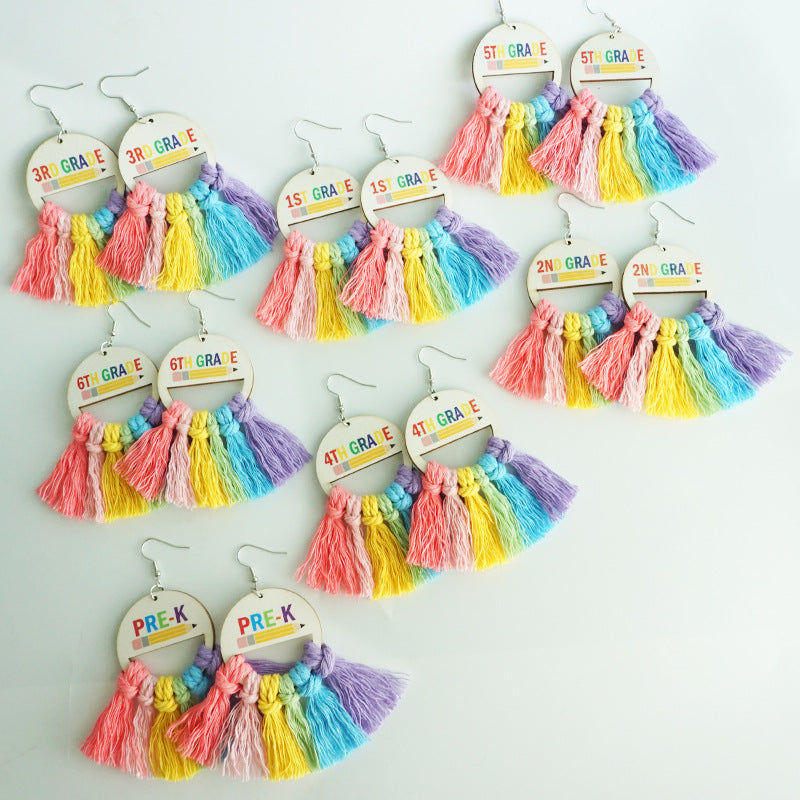 Wholesale 2 Pairs/pack Back To School Season Colorful Braided Earrings Handmade Tassel Wood Earrings ACC-ES-HY153