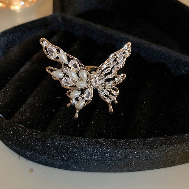 Wholesale Plated Fresh Water Pearl Zircon Butterfly Ring