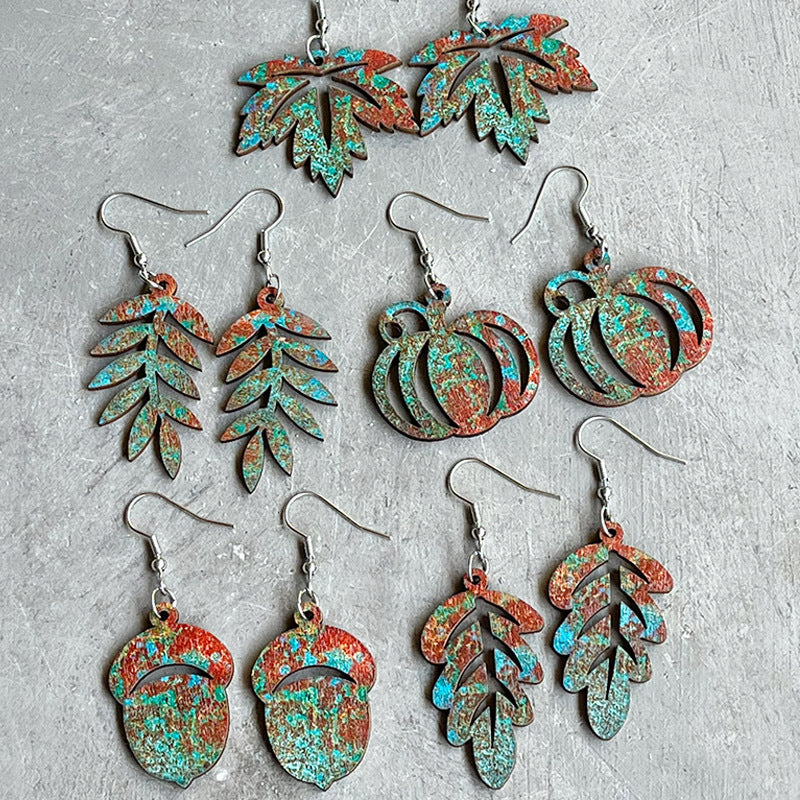 Wholesale Vintage Distressed Hollow Leaf Wooden Earrings Fashion Jewelry Accessory