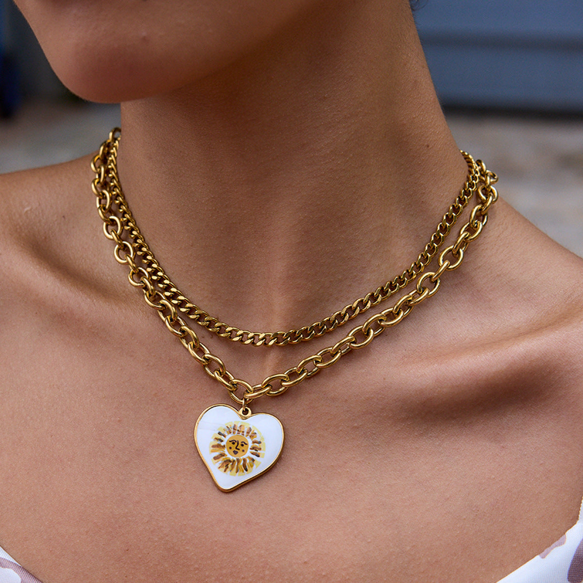 Wholesale  18K Gold Stainless Steel Oil Drop Printed Heart Face Pendant Versatile Necklace