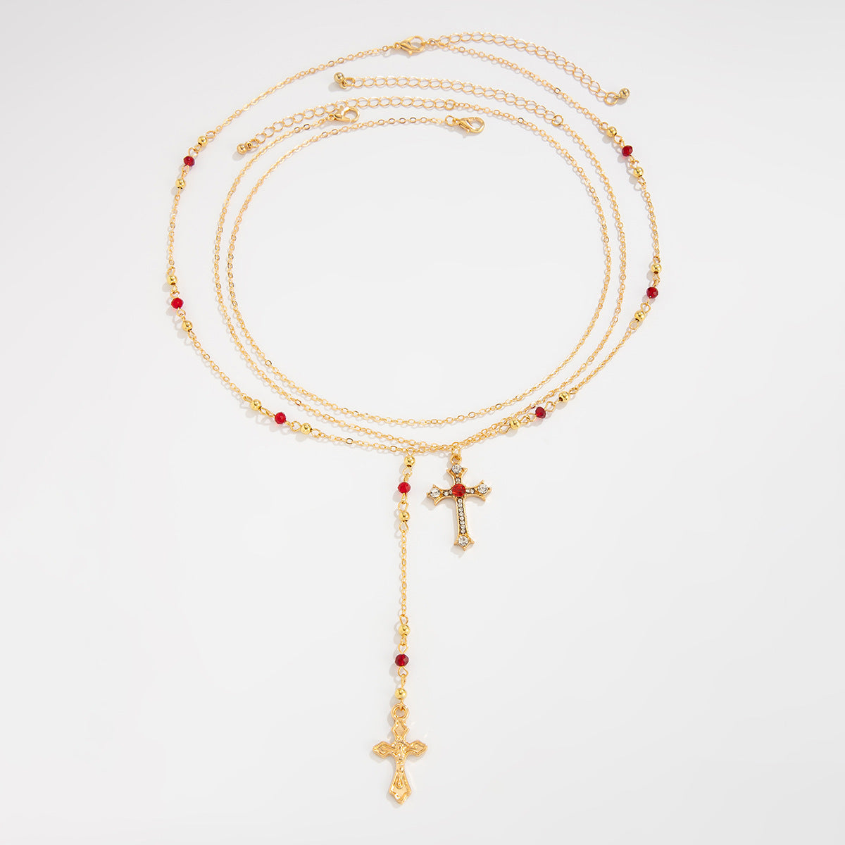 Wholesale Stylish Layered Cross Pendant Necklace With Tassel Rhinestone Gold Tone Alloy Electroplated Fashion Jewelry Accessory For Resale