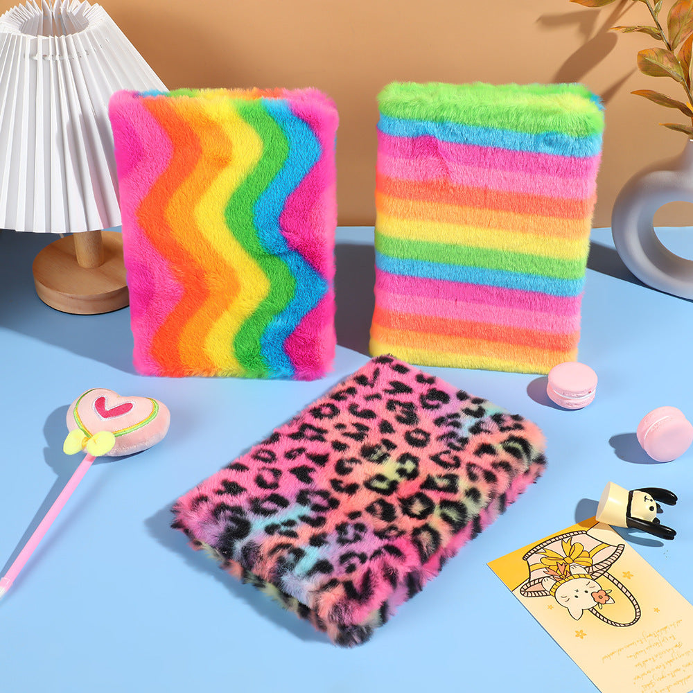 Wholesale rainbow leopard print cartoon plush notebook