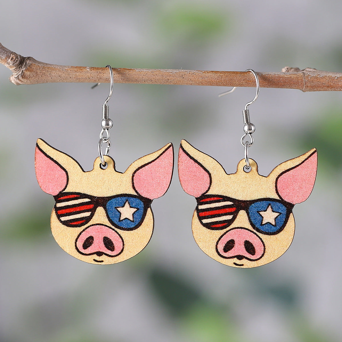 Wholesale of American Independence Day Five Pointed Star Rainbow Bull Head Heart Wooden Double Sided Earrings ACC-ES-ChuLian015