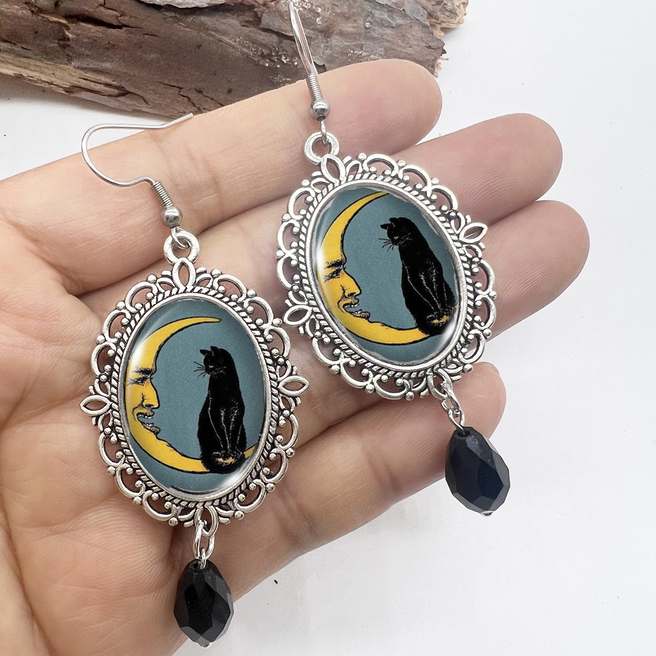 Wholesale Halloween Stainless Steel Ear Hook Oval Lace Pumpkin Black Cat Moon Metal Earrings ACCVIP-ES-XiangLian005