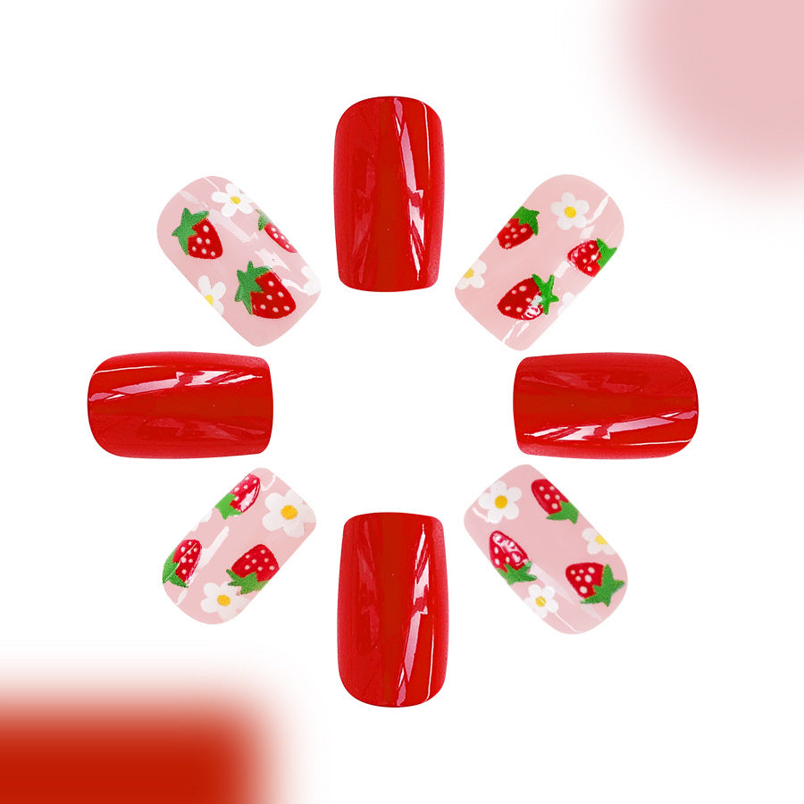 Wholesale 24 Pieces/box Strawberry Flower Manicure Press-on Nails Kits Nail Stickers ACC-NS-GuaiXL027